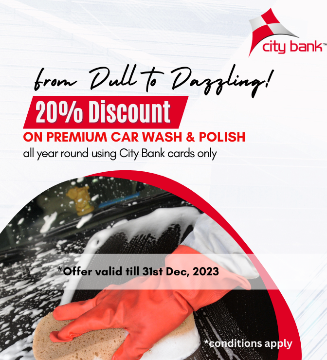 Enjoy Exclusive 20% Discount on Premium Wash & Polish Services using all City Bank cards.